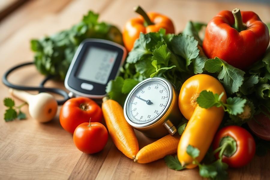 Fresh vegetables beside a blood pressure monitor