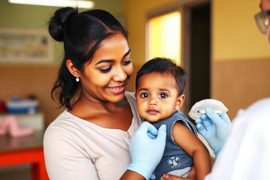 A mother holding her baby at a vaccination clinic