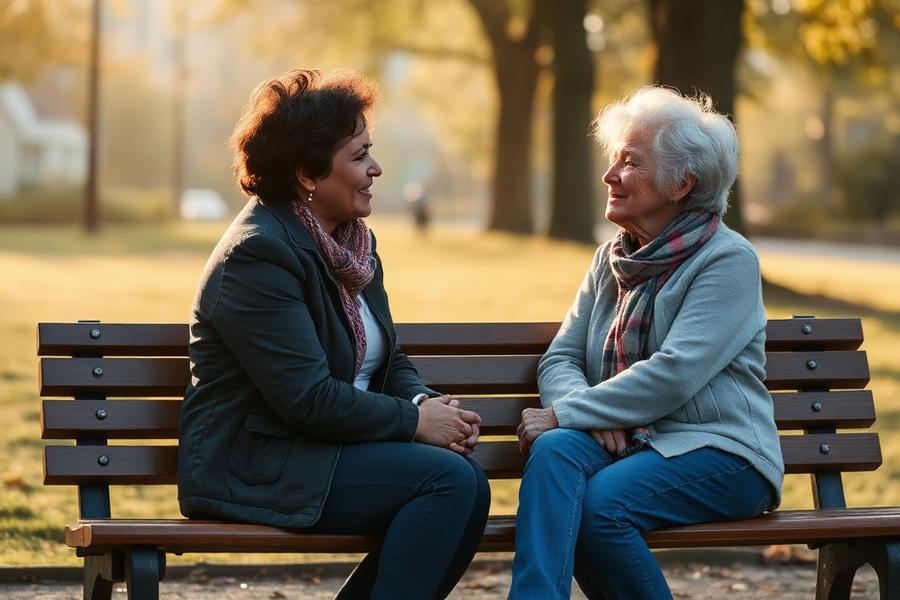 Two people in conversation on a park bench