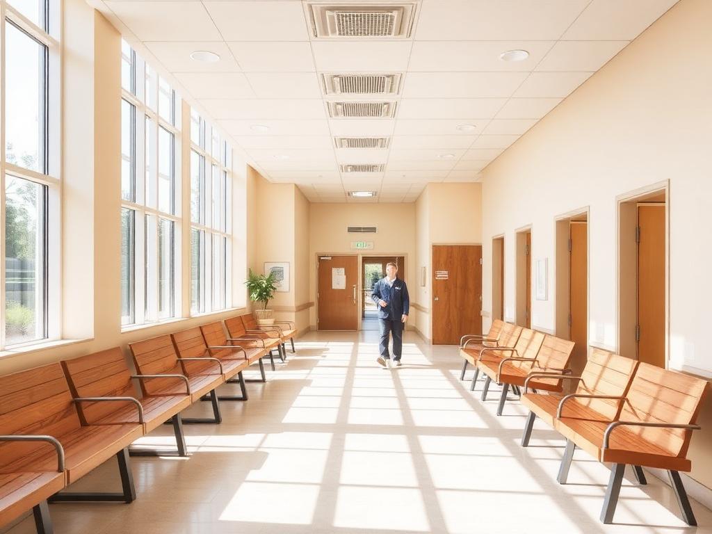 Bright, sunlit waiting area inside a community clinic