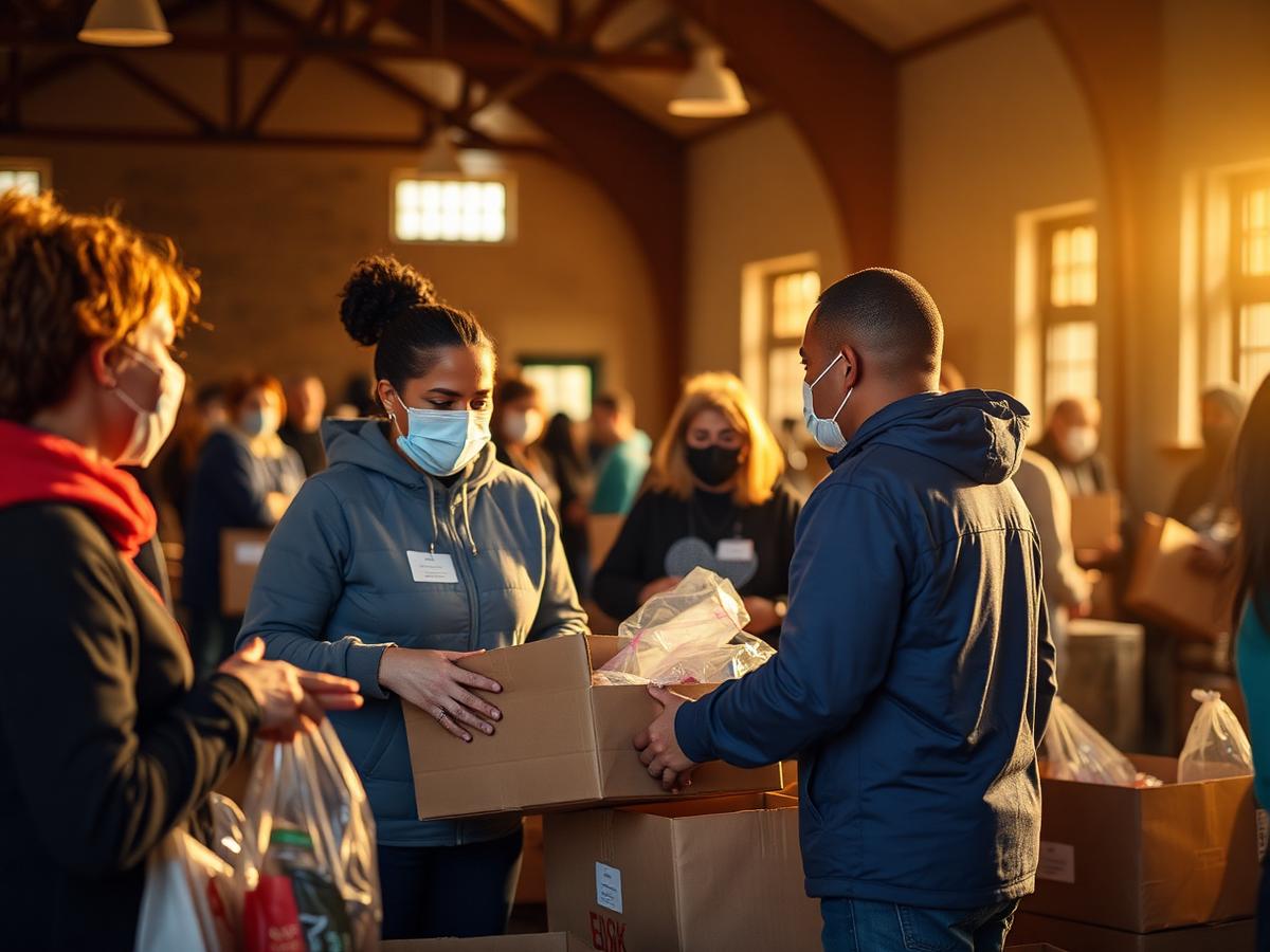 Volunteers handing supply boxes to families in a community hall