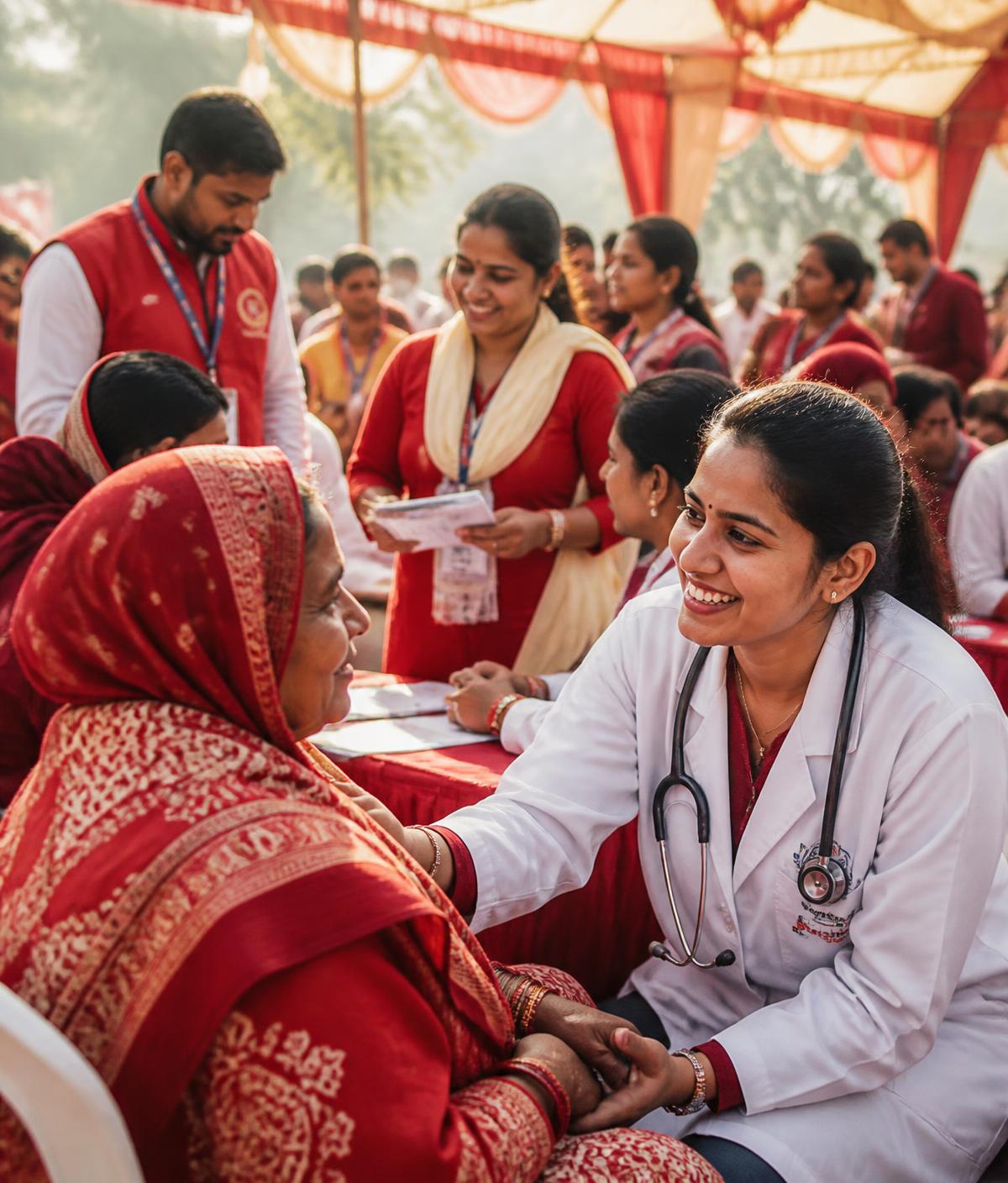 Doctor speaking with a patient at an outdoor community health camp