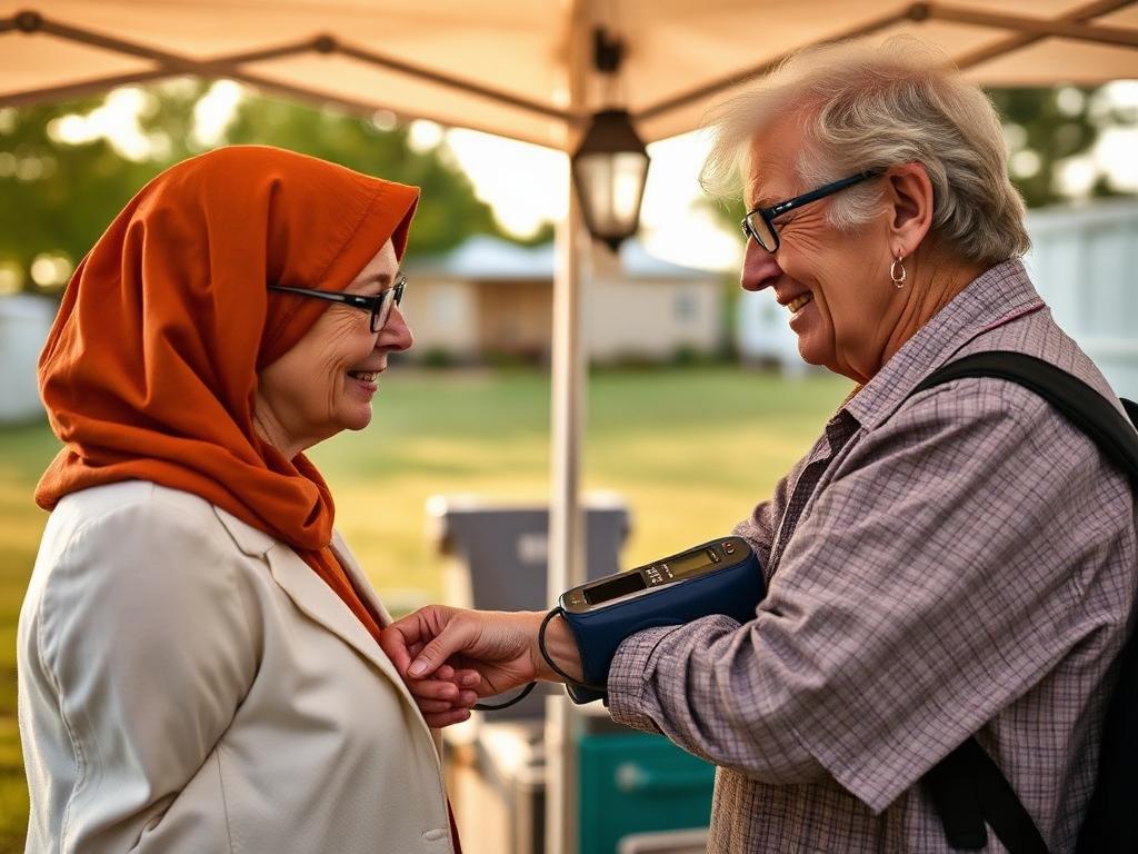 Health worker measuring a patient's blood pressure at a screening camp